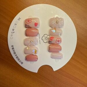Kawaii Press‎ On Nails | Pink Cute Heart Bow Pearl Nail Set | Pastel False Nails
